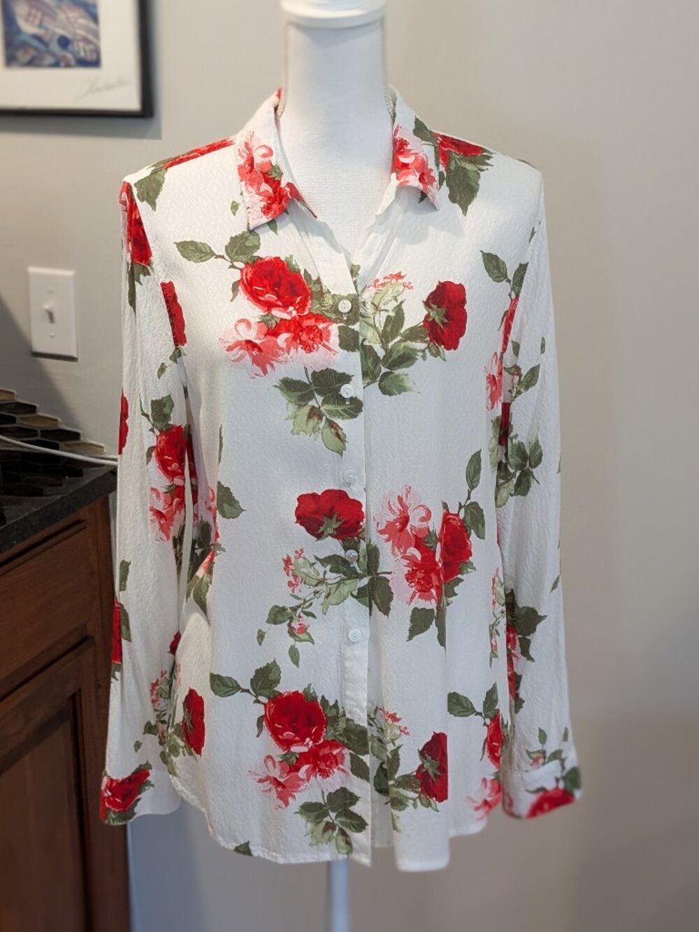 Jane + Delancey Red Rose Floral Print Long Sleeve Button Down Blouse | Size Larg